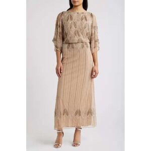 Pisarro Nights Beaded Embellished Maxi Dress Nude Champagne Evening Gown  Size 8